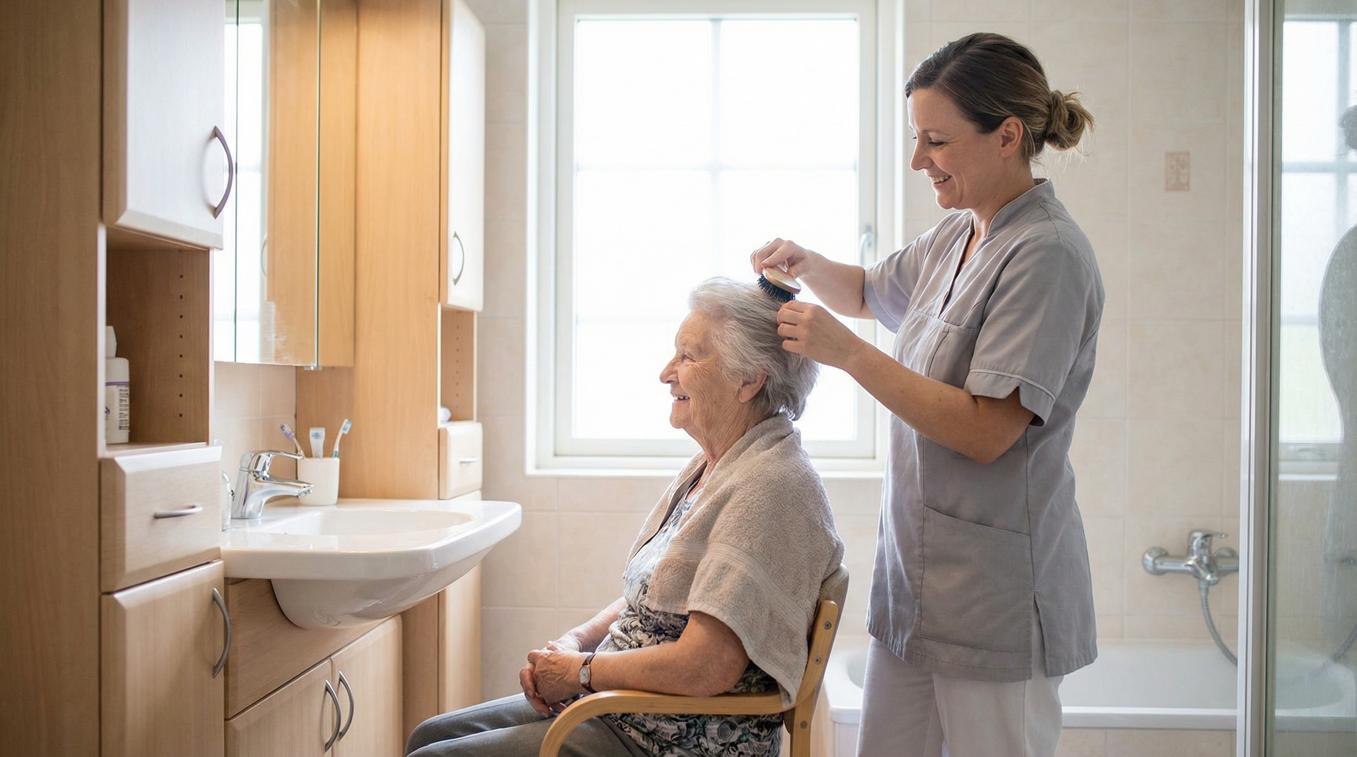 Healthcare professionals providing various comfort care services to patient at home